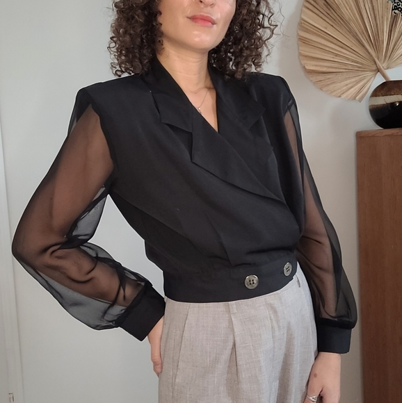 SANJAK VINTAGE BLACK MADE IN  CANADA SHOULDER PADDED BLOUSE SHEER SLEEVES - Picture 1 of 9